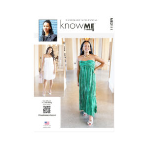 "Schnittmuster ME2111 von knowME – schulterfreies Kleid aus Faltenstoff, ideal für den Sommer. Elegantes Design mit fließender Passform, perfekt zum Selbernähen."