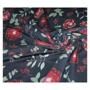 French Terry in Dunkelblau mit Blumenmuster in Bordeaux, Grün und Hellblau