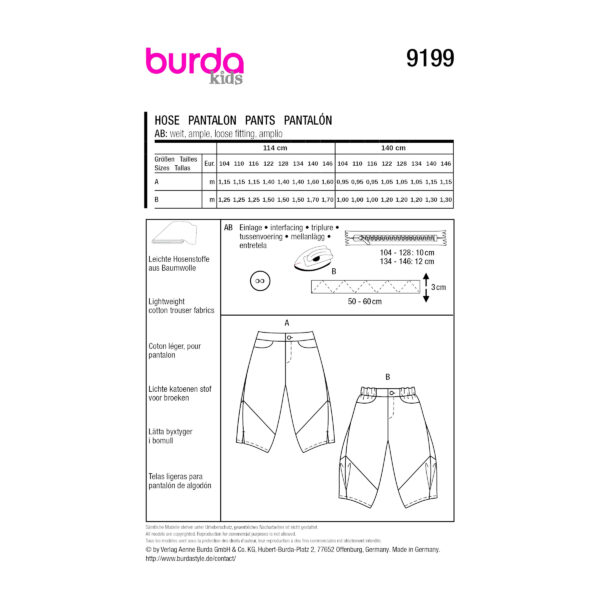 Burda Kids Schnittmuster Nr. 9199 - leichte Baumwollhose für Kids – Bild 9