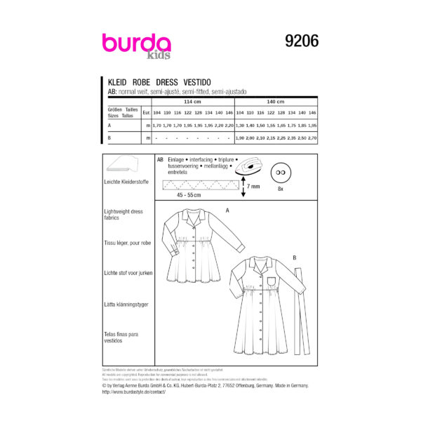 Burda Kids Schnittmuster Nr. 9206 - durchgehend geknöpftes Kleid, Kind – Bild 7