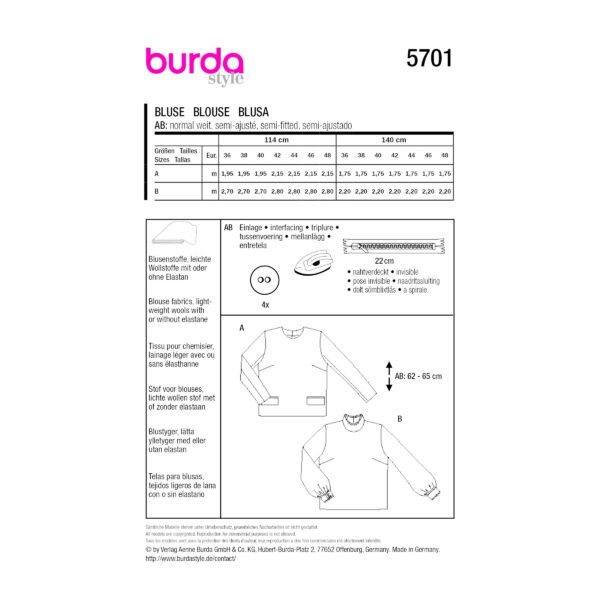 Burda Style Schnittmuster Nr. 5701 - Damenshirt - Bluse gerade, schlicht – Bild 9
