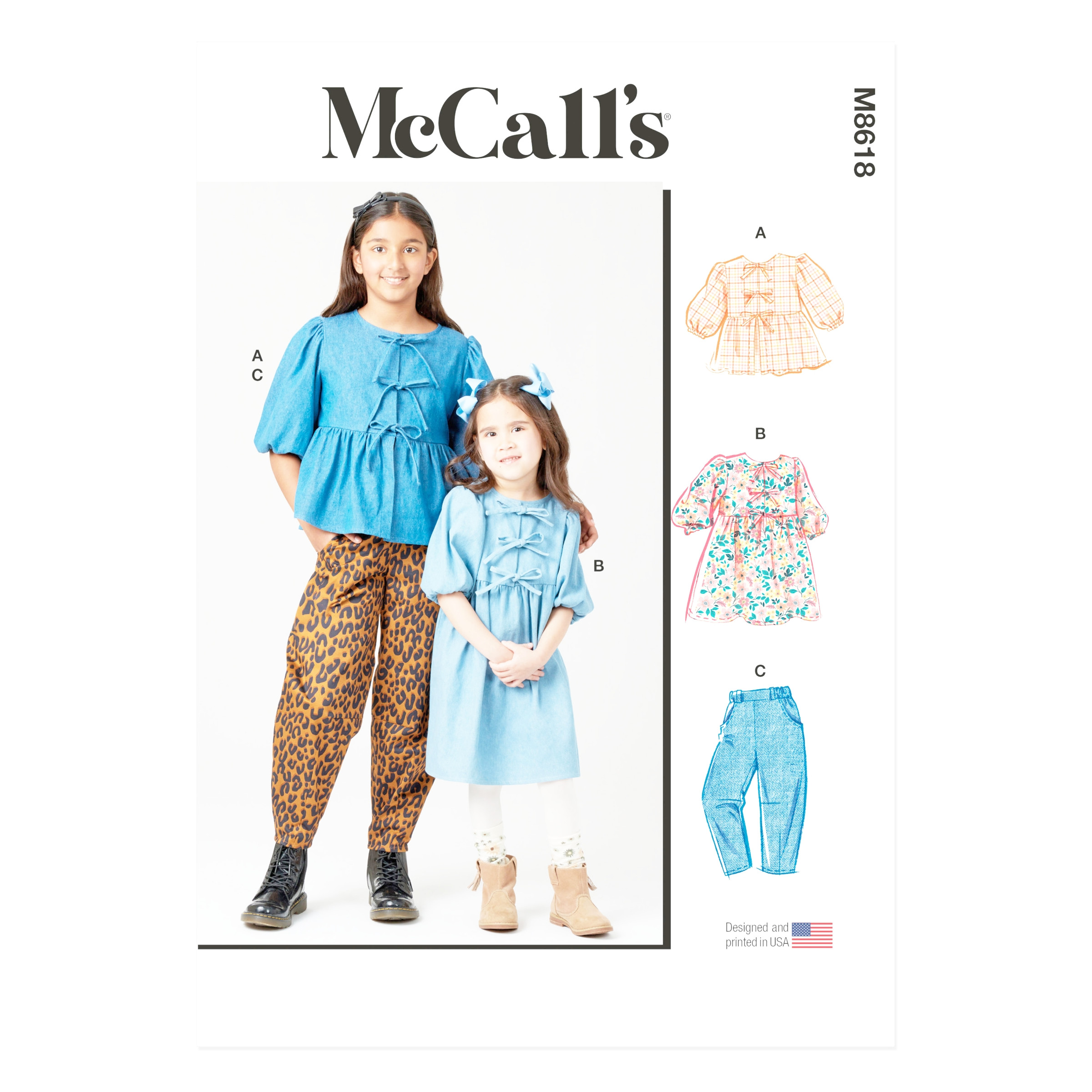 „McCalls Schnittmuster M8618 für Kinderbluse, Kleid und Hose – vielseitiges Set für süße und bequeme Kinderoutfits.“