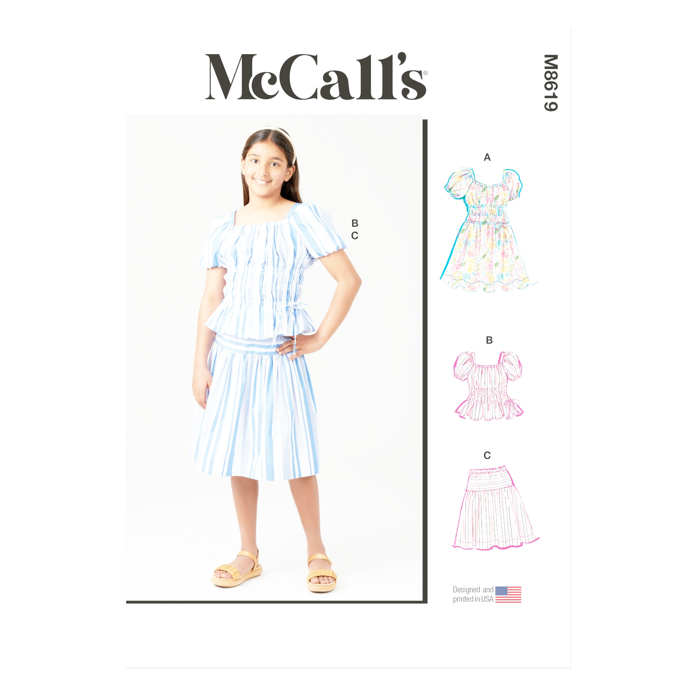 „McCalls Schnittmuster M8619 für Mädchen-Zweiteiler mit gesmoktem Kleid – verspieltes Sommeroutfit zum Selbernähen.“