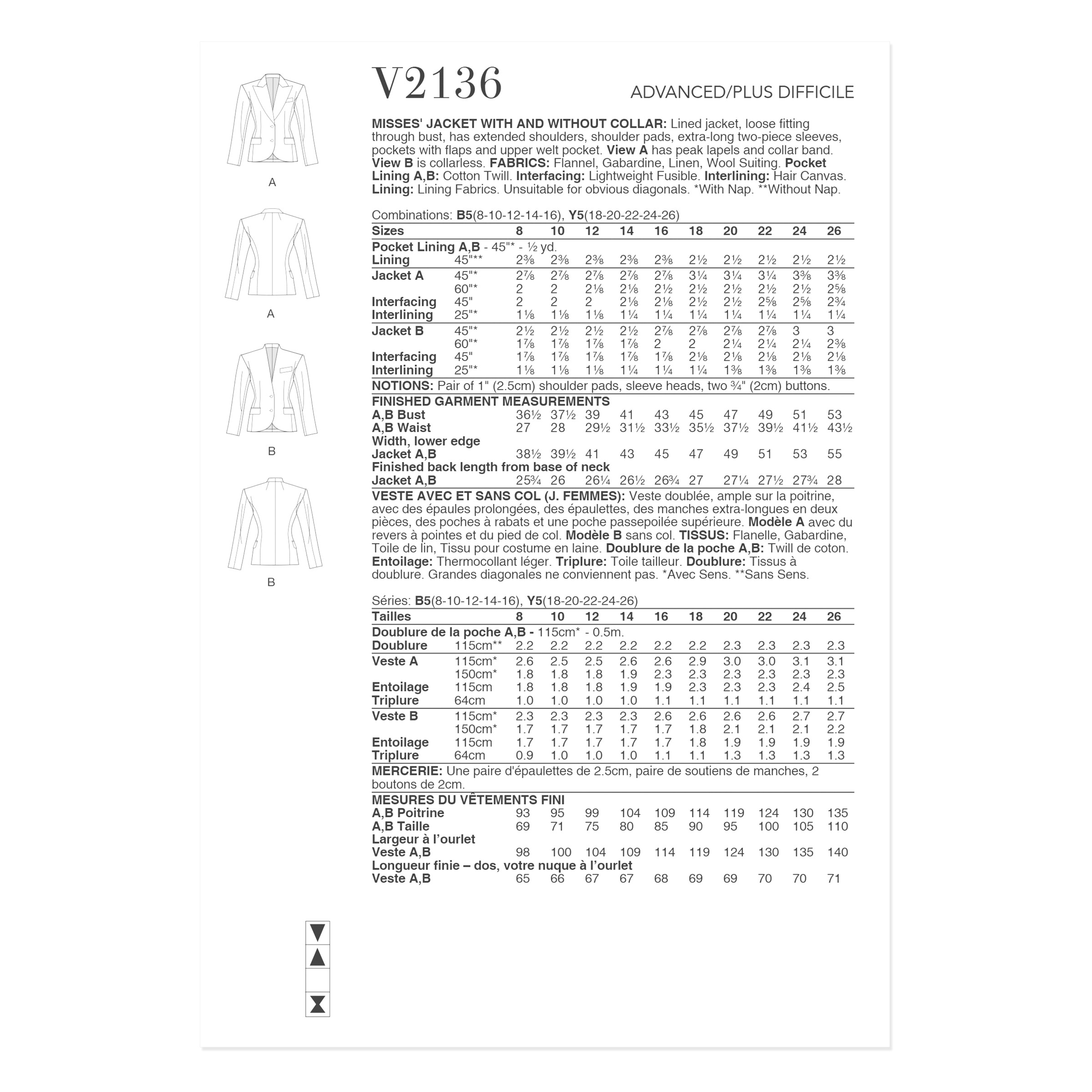 Vogue Schnittmuster - V2136 - taillierter Damenblazer mit oder ohne Kragen – Bild 8