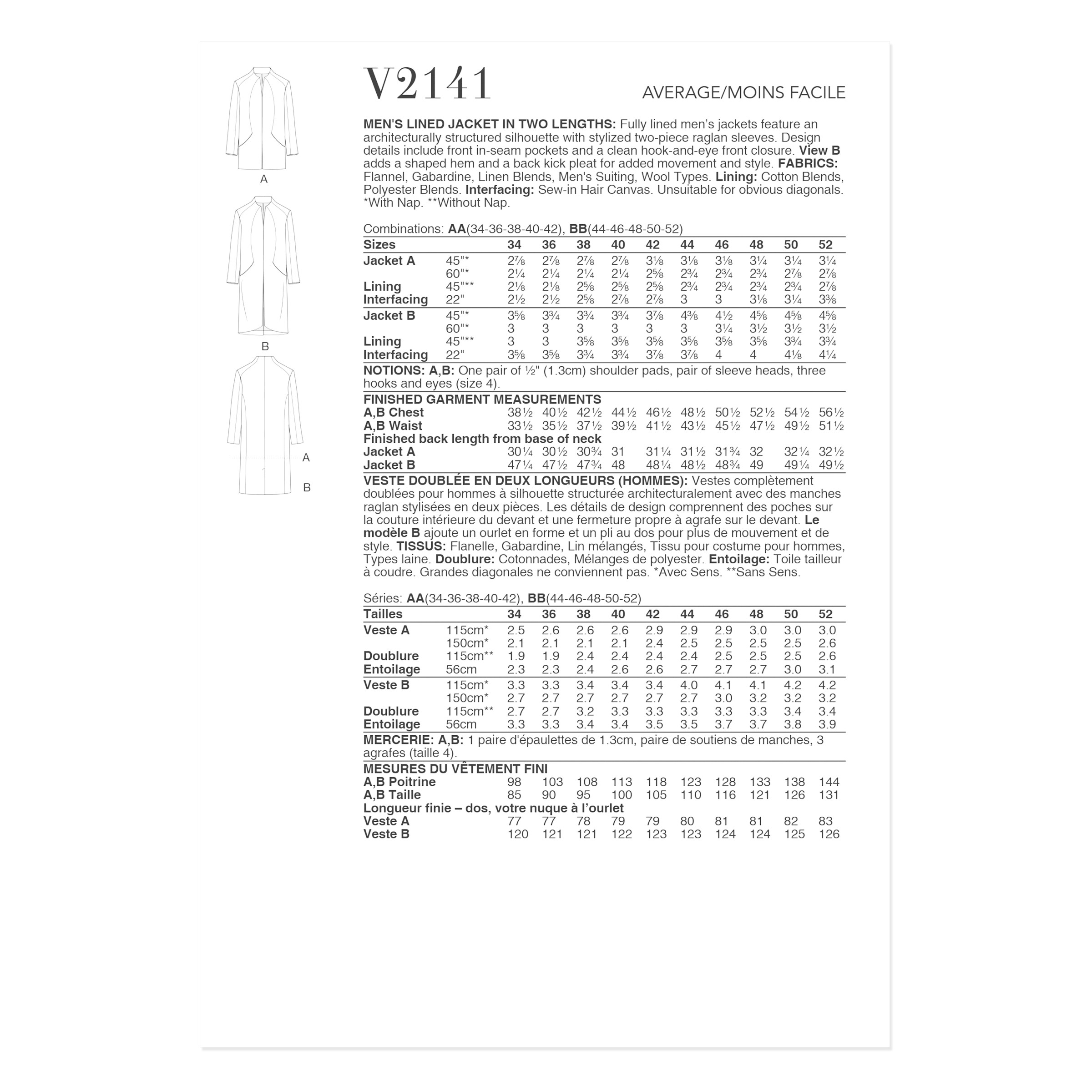 Vogue Schnittmuster V2141 - Herrenjacke in zwei Längen – Bild 8