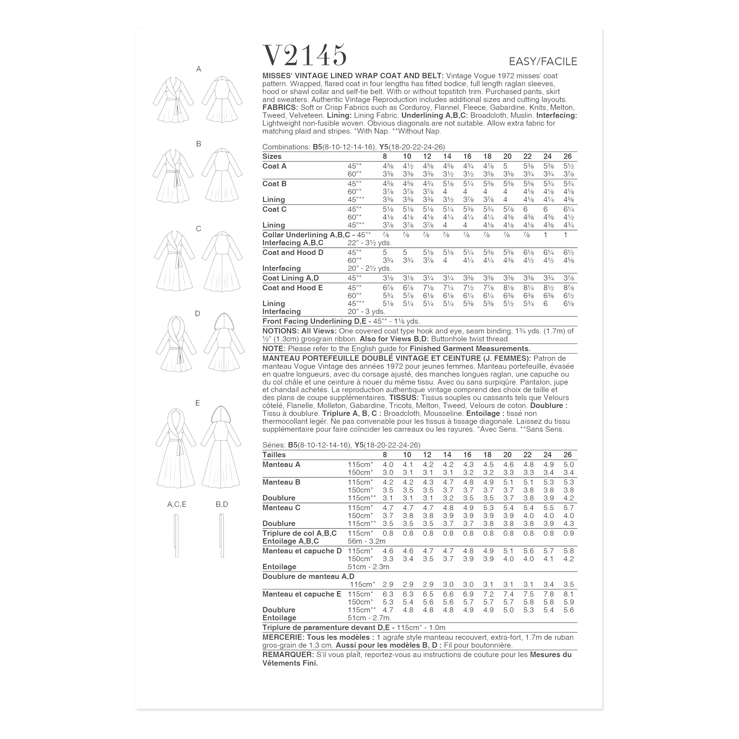 Vogue Schnittmuster - V2145 - Vintage Mantel mit Schalkragen – Bild 5