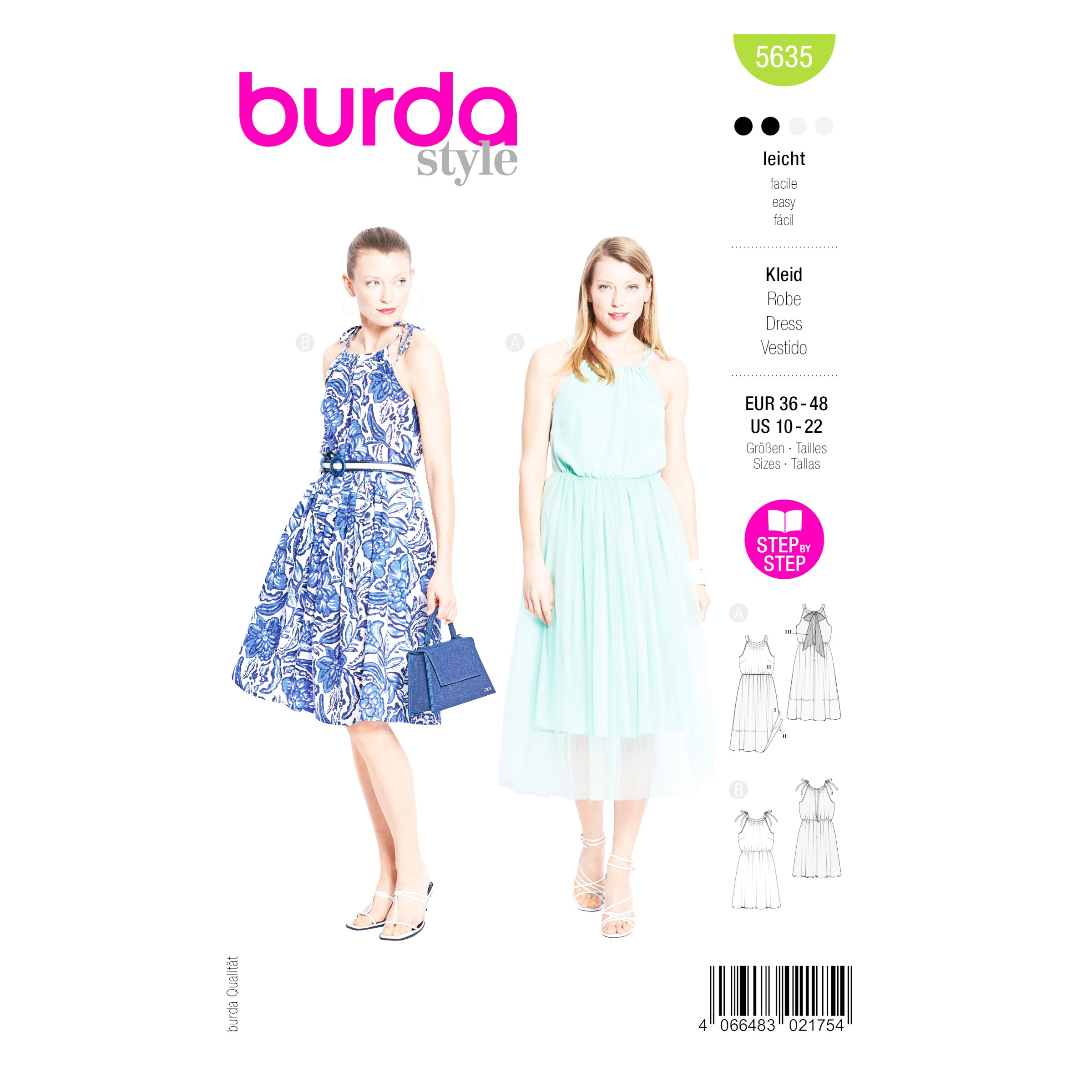 Burda Style Schnittmuster 5635 Sommerkleid mit dünnen Trägern leichtes Damen Kleid Nähmuster DIY