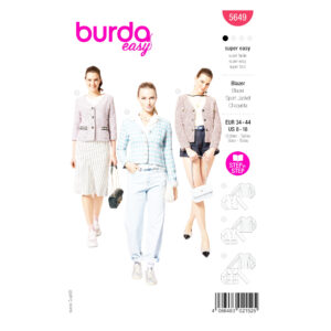 „Burda Easy Schnittmuster 5649 für kurze Damenjacke ohne Kragen – modernes, schlichtes Design zum Selbernähen.“