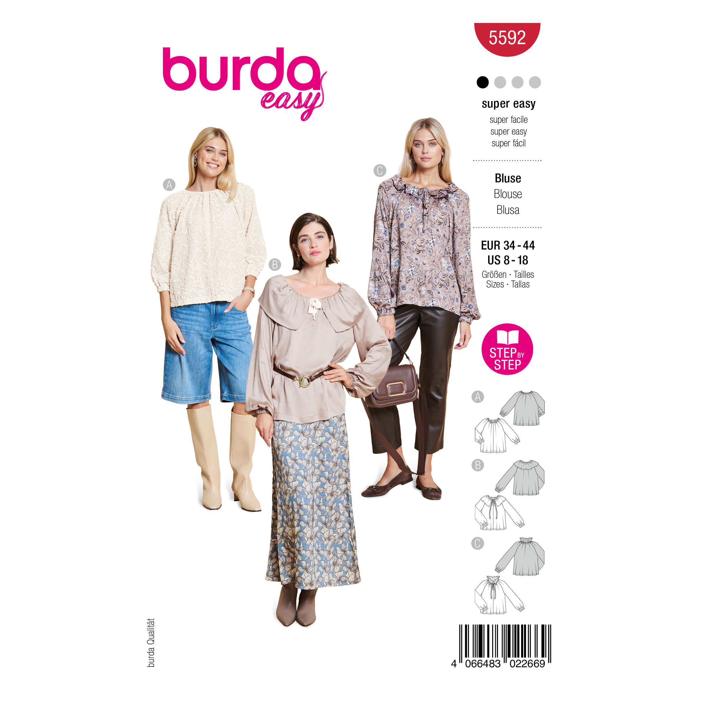 Burda Easy Schnittmuster - 5592 - lässig weite Damenbluse mit Kragen