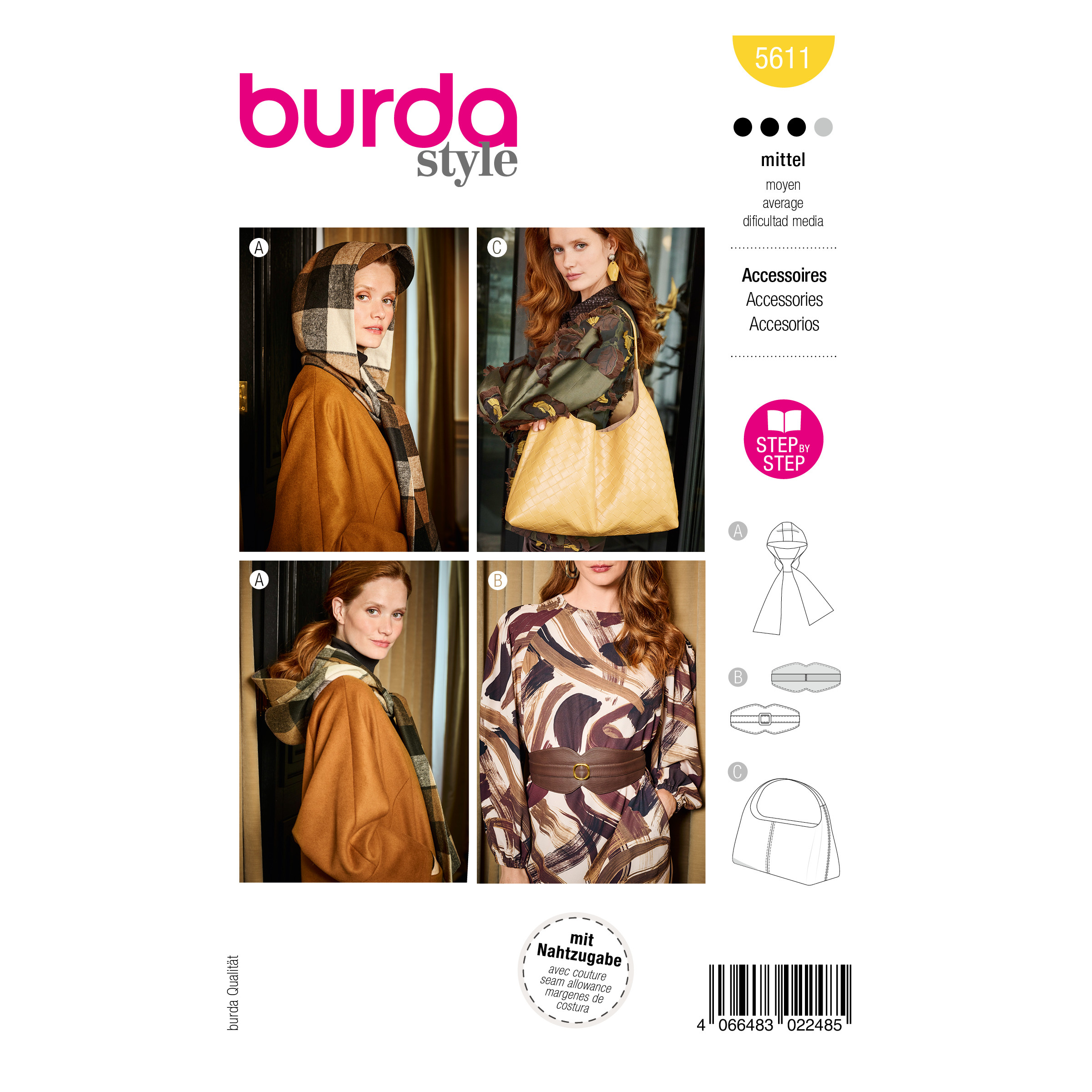 Burda Style Schnittmuster Nr. 5611 - Tasche - Kapuze - Gürtel für Damen