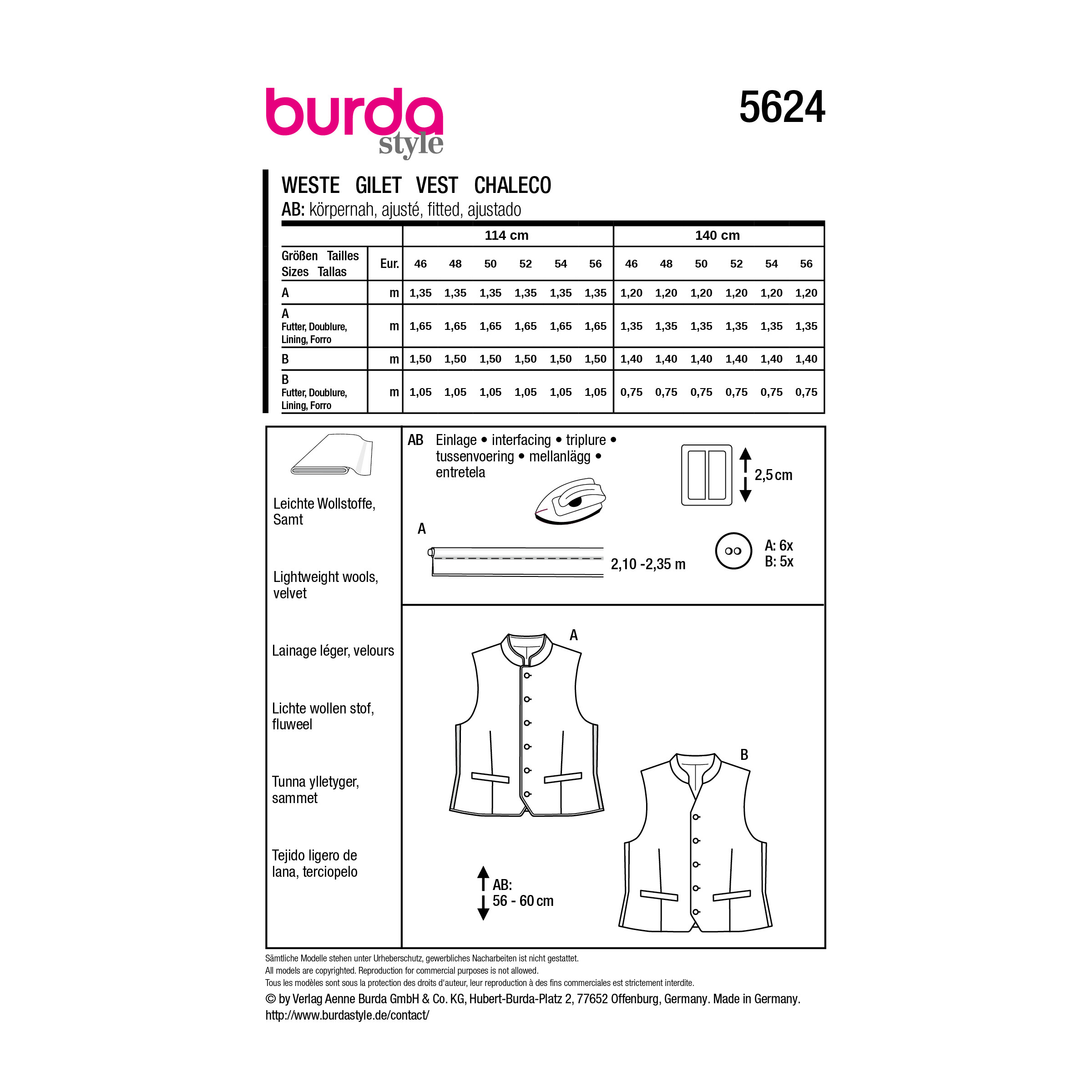 Burda Style Schnittmuster Nr. 5624 - lässige Herrenweste - Trachtenweste – Bild 11