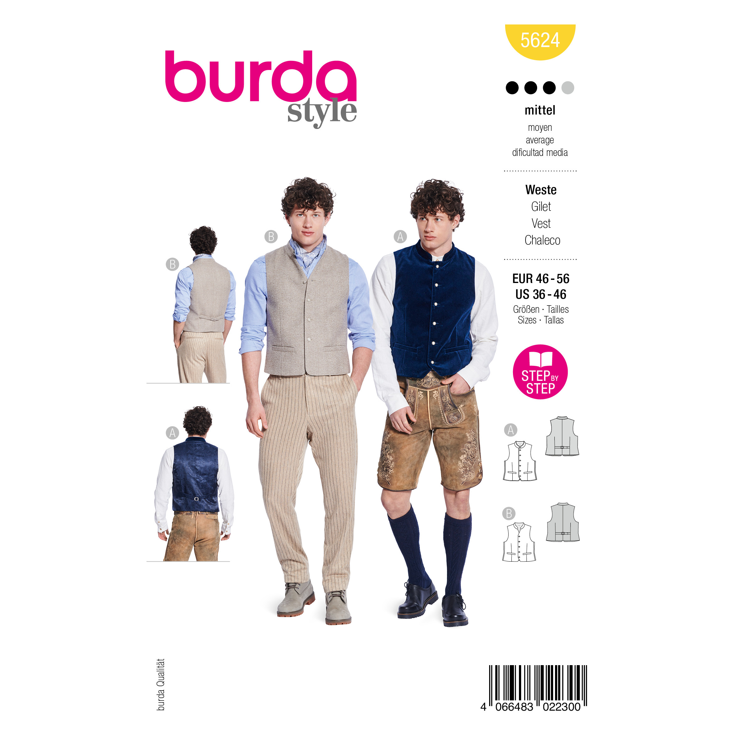 Burda Style Schnittmuster Nr. 5624 - lässige Herrenweste - Trachtenweste