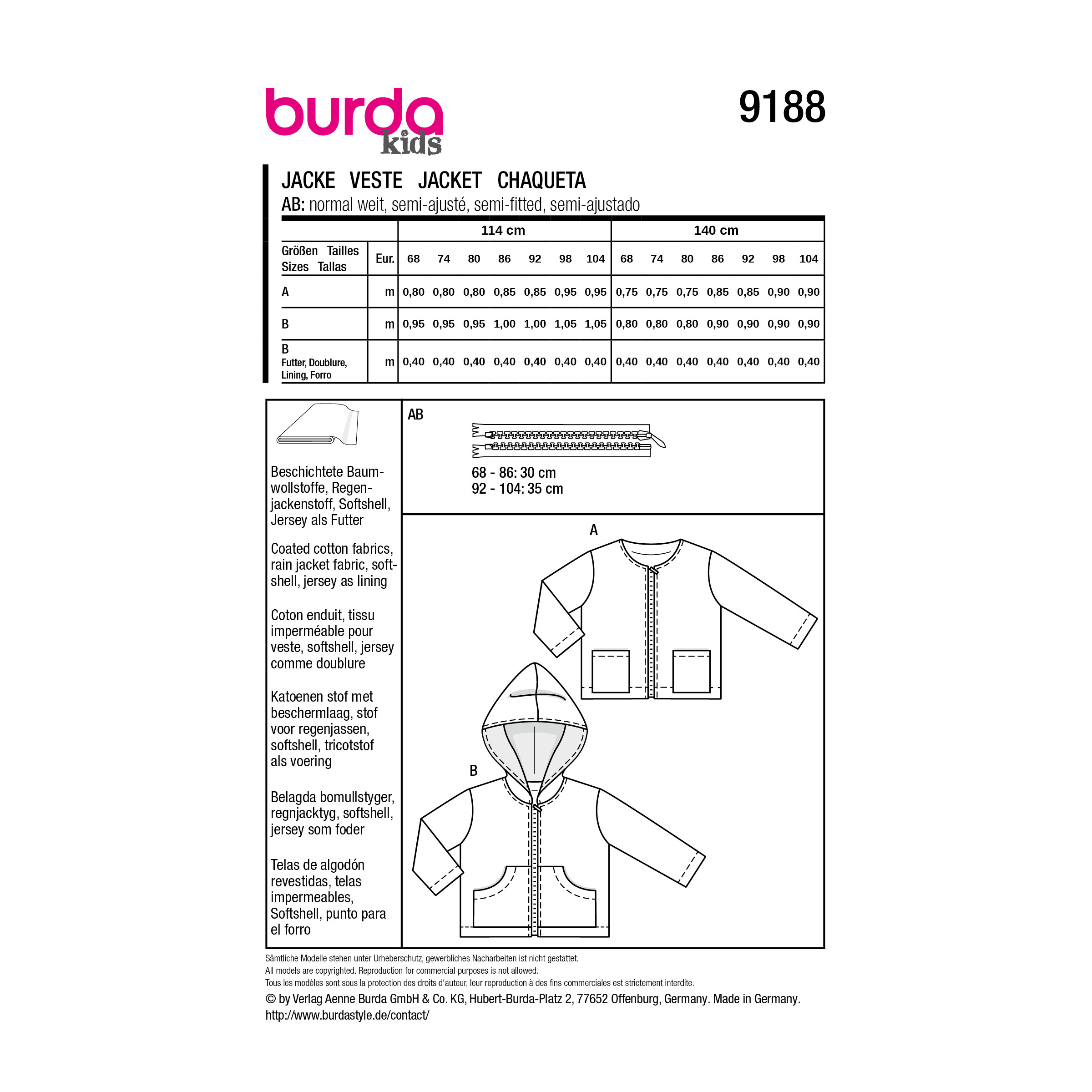Burda Style Schnittmuster Nr. 9188 - Regenjacke mit oder ohne Kapuze - Kinder – Bild 7